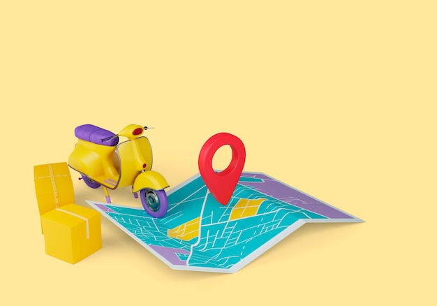 PSD grátis ilustração 3d de entrega com mapa, scooter e pontual