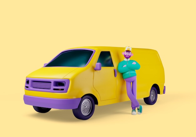 Ilustração 3d de entrega com pessoa encostada na van