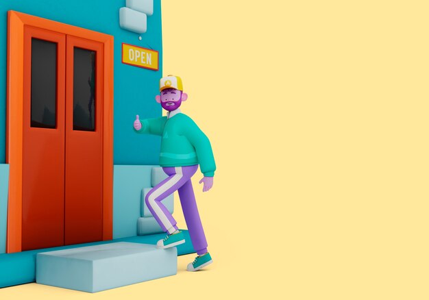 Ilustração 3d de entrega com pessoa na entrada da casa mostrando os polegares