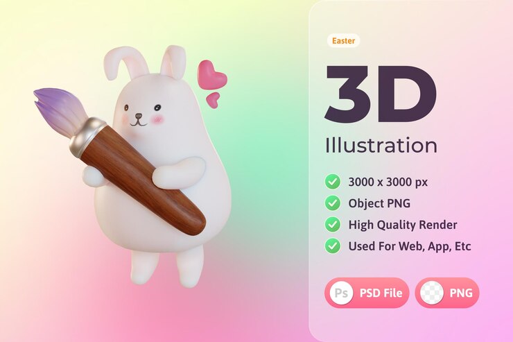 PSD grátis ilustração 3d de páscoa, coelho com pincel