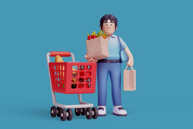 Ilustração 3D de personagem feminina no supermercado
