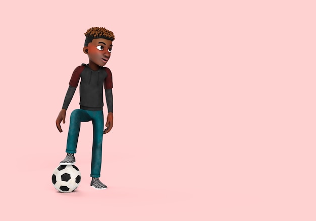 Ilustração 3d de pose de personagem masculino com futebol