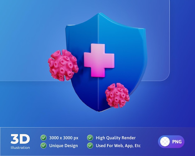 PSD grátis ilustração 3d do ícone da saúde e da medicina do vírus do escudo