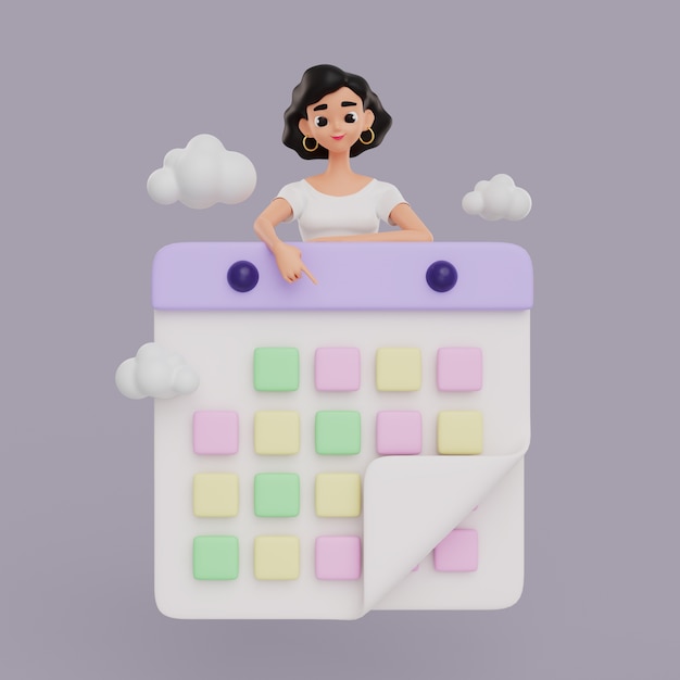 PSD grátis ilustração 3d do personagem de designer gráfico feminino com calendário