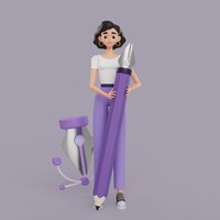 Ilustração 3d do personagem de designer gráfico feminino segurando caneta e lápis