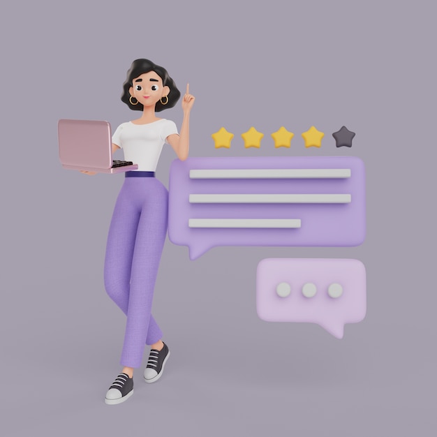 Ilustração 3d do personagem de designer gráfico feminino segurando laptop com bolhas de bate-papo