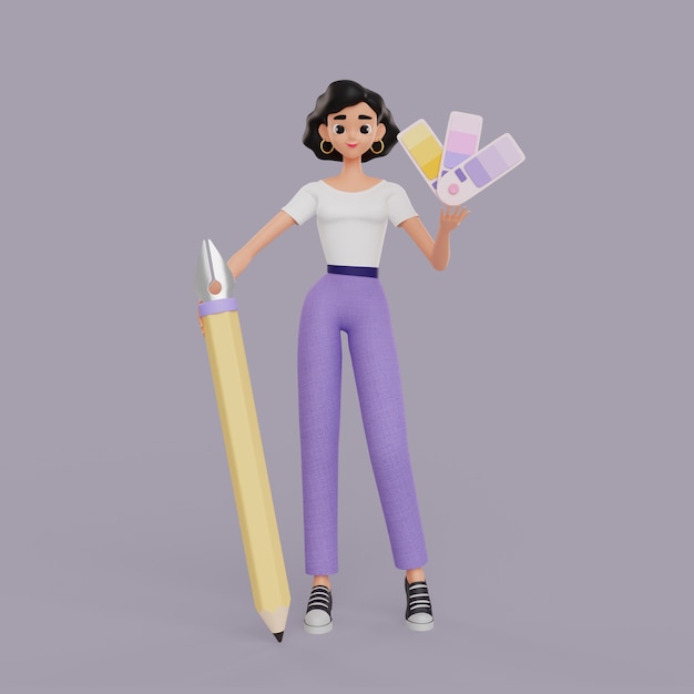 ilustração 3D do personagem de designer gráfico feminino segurando paletas de lápis e cores