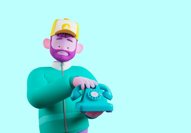 ilustração 3D do personagem de entregador com telefone rotativo