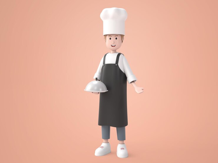 PSD grátis ilustração 3d homem com uniforme de chef segurando a renderização da bandeja de serviço