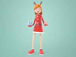 PSD grátis ilustração 3d jovem mulher com fantasia de meia-calça vermelha com tiara de chifre de veado e segurando uma caixa de presente nas mãos no dia de natal e ano novo