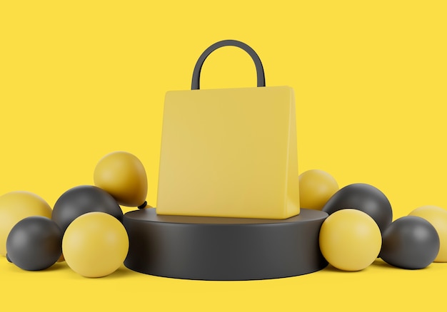 Ilustração 3D para vendas de Black Friday com balões e saco de compras