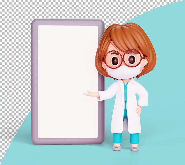 PSD grátis ilustração 3d personagem de desenho animado de médico de mulher bonita em pé com espaço de cópia de apresentação de smartphone cuidados de saúde e banner médico