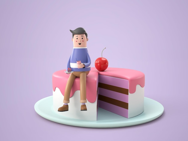 Ilustração 3d personagem jovem sentado na renderização do bolo