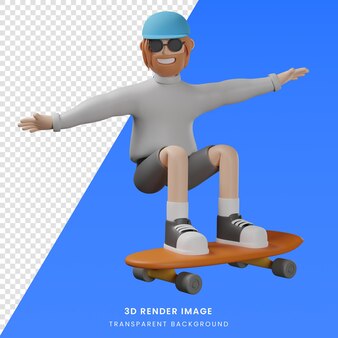 Ilustração 3d render personagem de desenho animado de homem jogando skate com gesto de salto