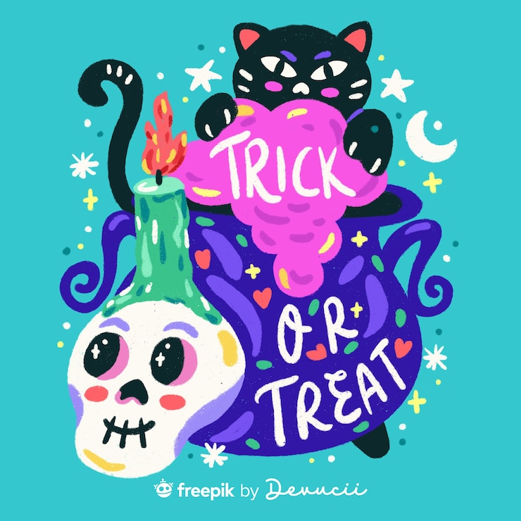 PSD grátis ilustração de doces ou travessuras com caveira, vela e gato preto