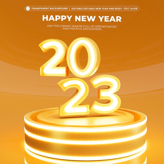 PSD grátis ilustração de luxo de ano novo de 2023 em fundo de plataforma de pódio 3d saudações de feliz ano novo