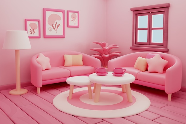 Ilustração de renderização em 3D da sala rosa