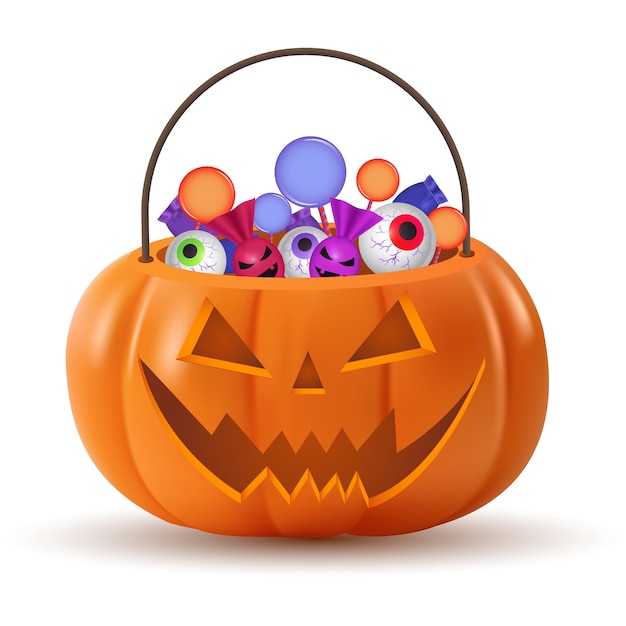Ilustração realista de halloween com abóboras e doces