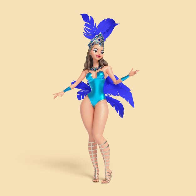 Ilustração tridimensional da personagem de dançarina de samba brasileira fantasiada
