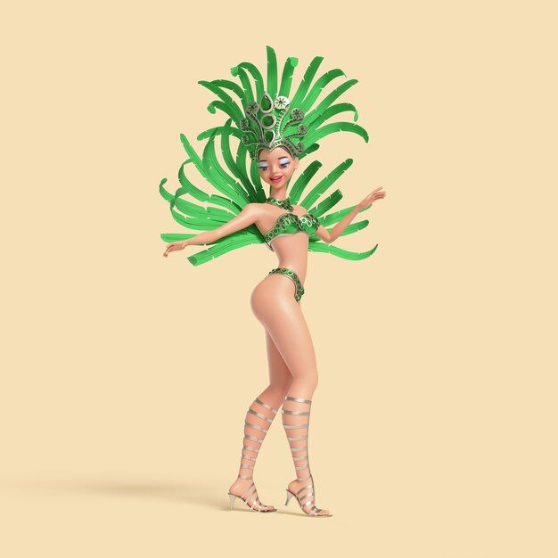 Ilustração tridimensional da personagem de dançarina de samba brasileira fantasiada