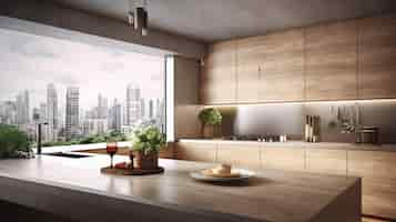 PSD grátis interior moderno da cozinha de madeira e concreto generative ai