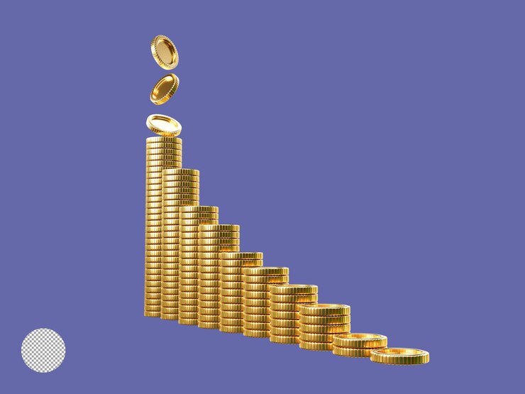 PSD grátis isolamento do empilhamento e queda crescentes de moedas douradas para economia de crescimento e conceito de investimento empresarial por ilustração de renderização 3d