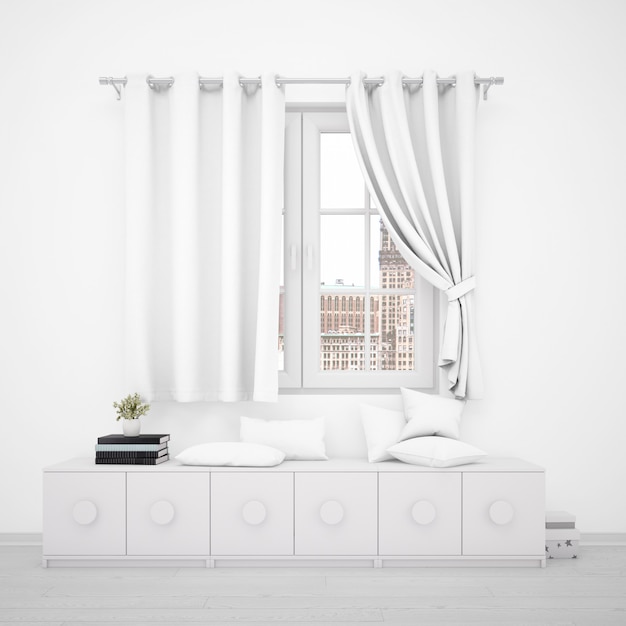 Janela com cortinas brancas e móveis minimalistas