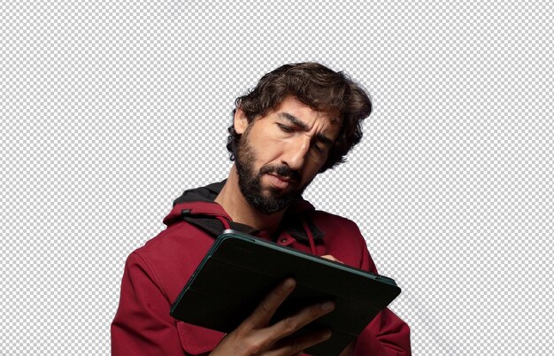 jovem adulto usando um tablet de tela sensível ao toque