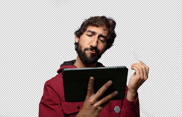 PSD grátis jovem adulto usando um tablet de tela sensível ao toque