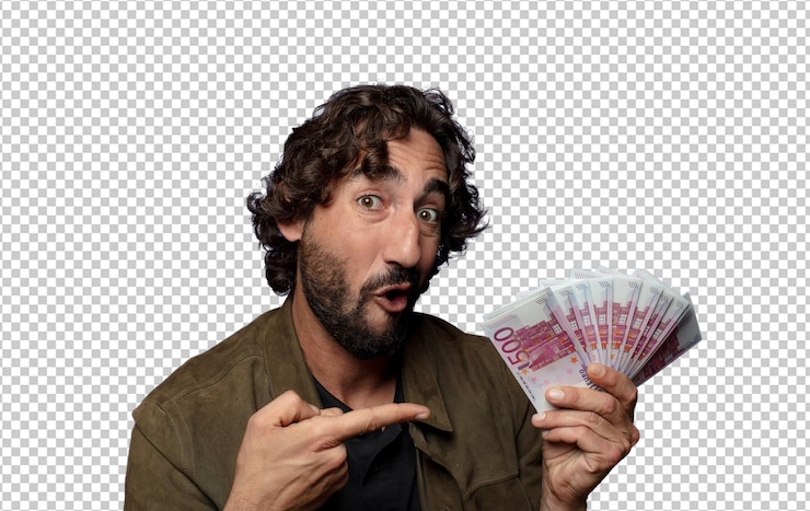 PSD grátis jovem barbudo com notas de banco