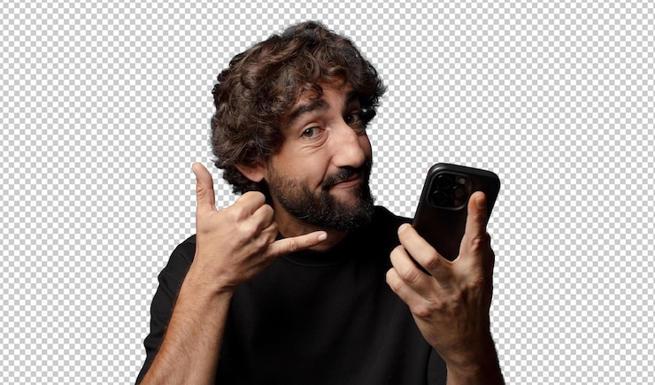 PSD grátis jovem homem louco barbudo com um smartphone