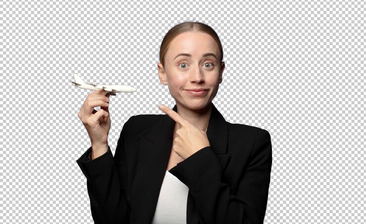 PSD grátis jovem mulher de negócios loira com um modelo de avião