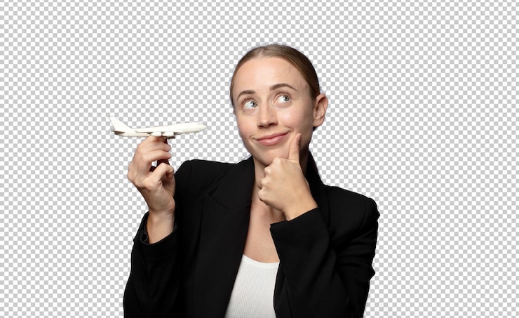 PSD grátis jovem mulher de negócios loira com um modelo de avião