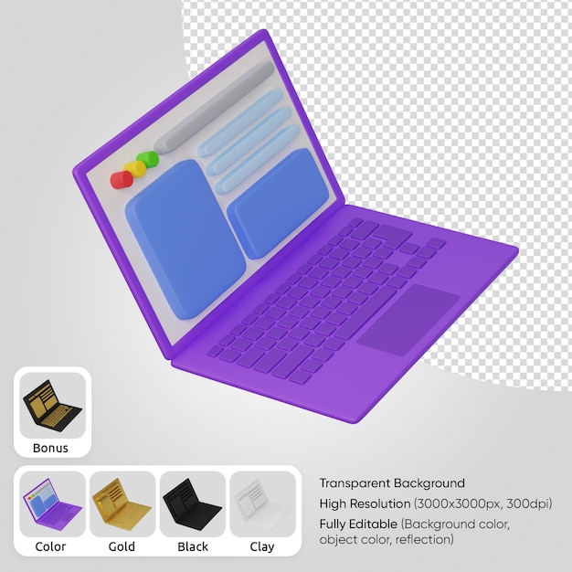 PSD grátis laptop 3d com layout da web