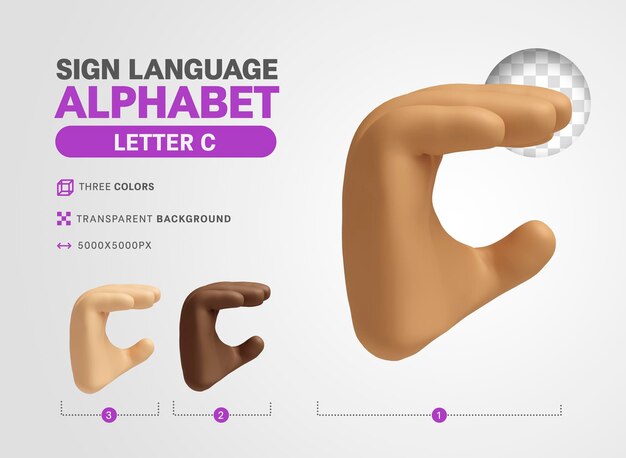 Letra C no alfabeto de sinal de língua americana 3d render cartoon