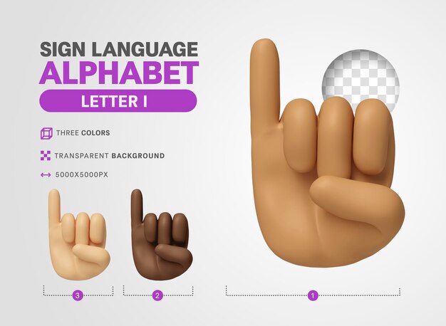 Letra I no alfabeto de sinal de língua americana 3d render cartoon