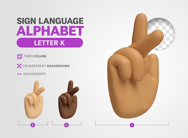 Letra K no alfabeto de sinal de língua americana 3d render cartoon