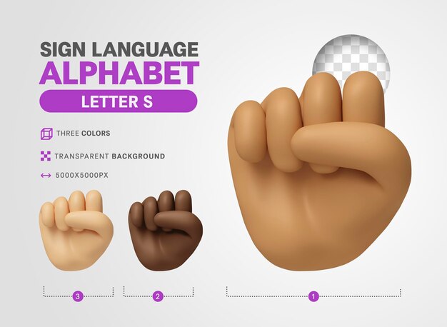 Letra S no alfabeto de sinal de língua americana 3d render cartoon