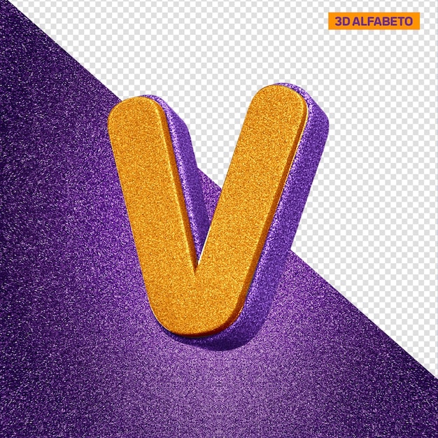 PSD grátis letra v do alfabeto 3d com textura de glitter laranja e violeta