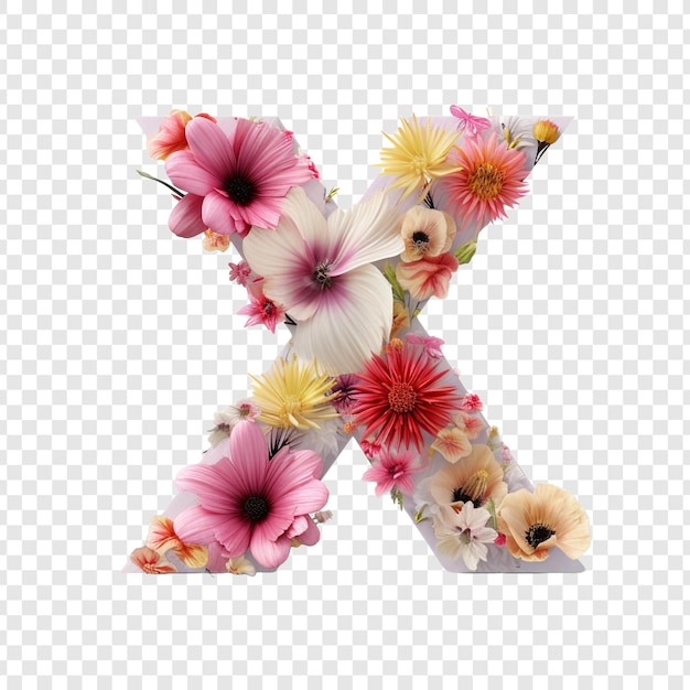 PSD grátis letra x com elementos de flor flor feita de flor 3d isolada em fundo transparente