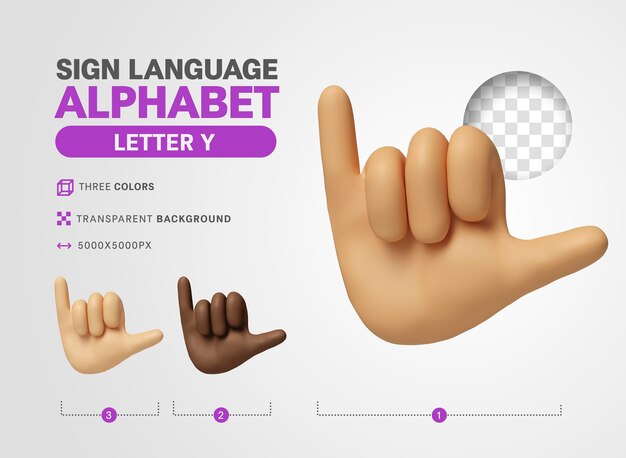 Letra Y no alfabeto de sinal de língua americana 3d render cartoon
