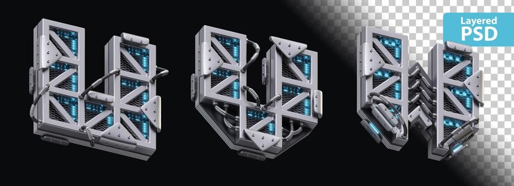 PSD grátis letras metálicas 3d u, v, w com efeito brilhante