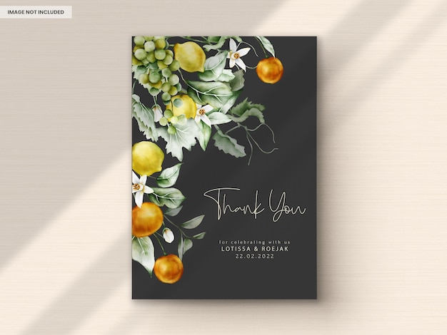 PSD grátis lindo cartão de convite de casamento com flores e aquarela de frutas botânicas