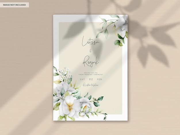 PSD grátis lindo convite de casamento em aquarela com folhas verdes e flor branca