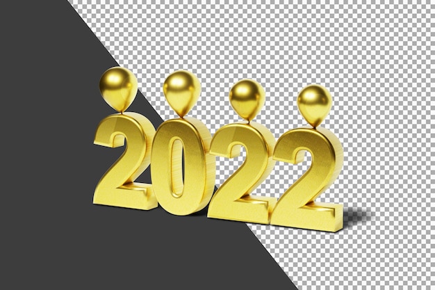 Lindo número 2022 com balões e renderização 3d em cor dourada isolada