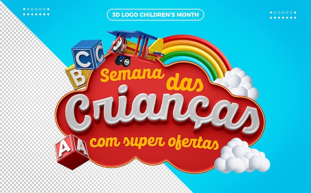 Logo 3d renderiza a semana das crianças com super ofertas