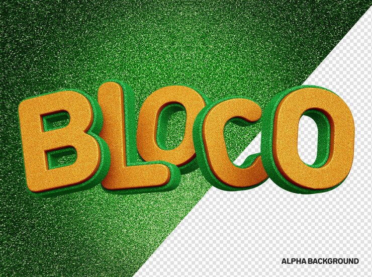 PSD grátis logotipo 3d de bloco de carnaval verde e laranja com textura realista de glitter