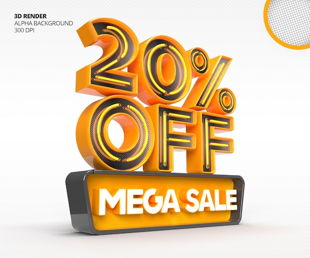Logotipo de mega venda 3d com 20% de desconto ou oferta no modelo de design de renderização 3d
