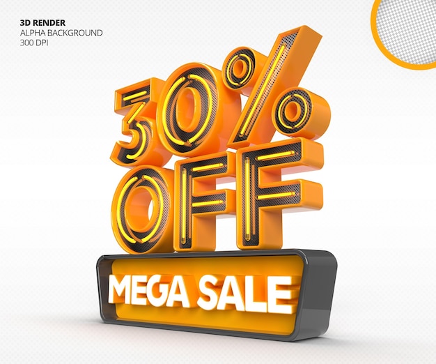 Logotipo de mega venda 3d com 30% de desconto ou oferta no modelo de design de renderização 3d