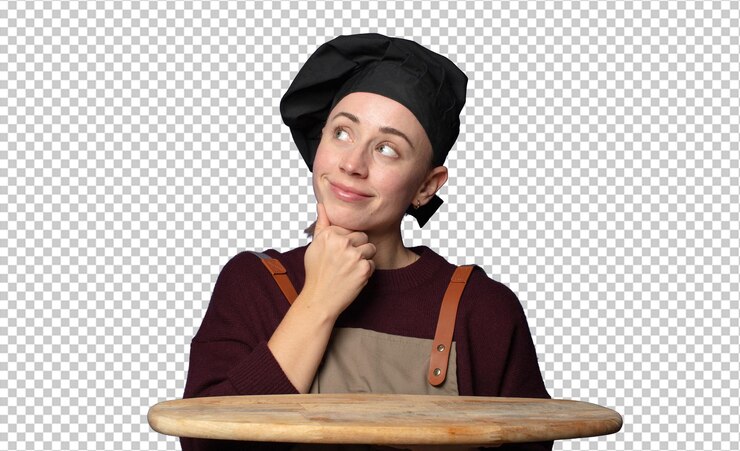 PSD grátis loira jovem bonita mulher chef com um espaço de cópia vazio